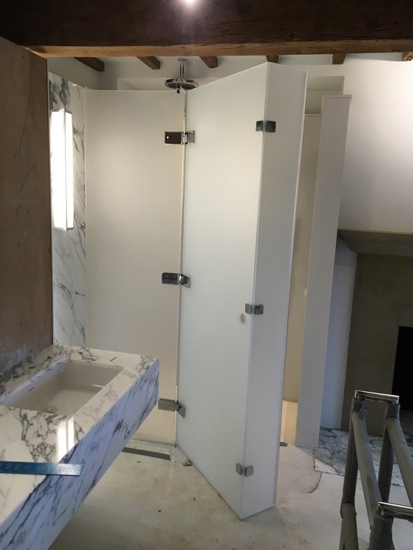 Bespoke frosted glass shower enclosure in Chesham luxury bathroom